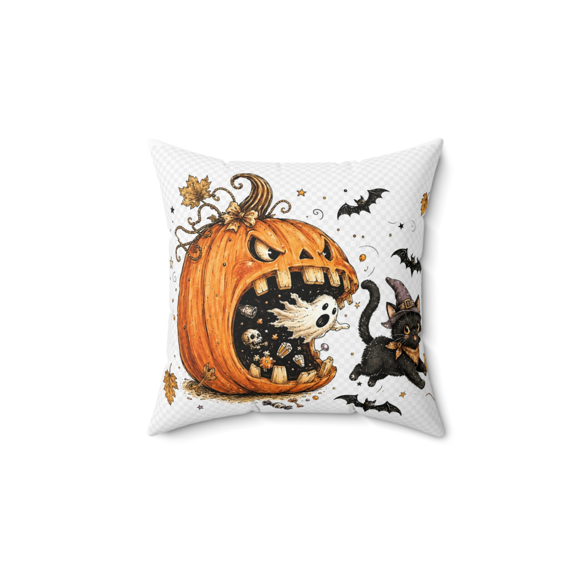 Pumpkin, Ghost & Black Cat Pillow