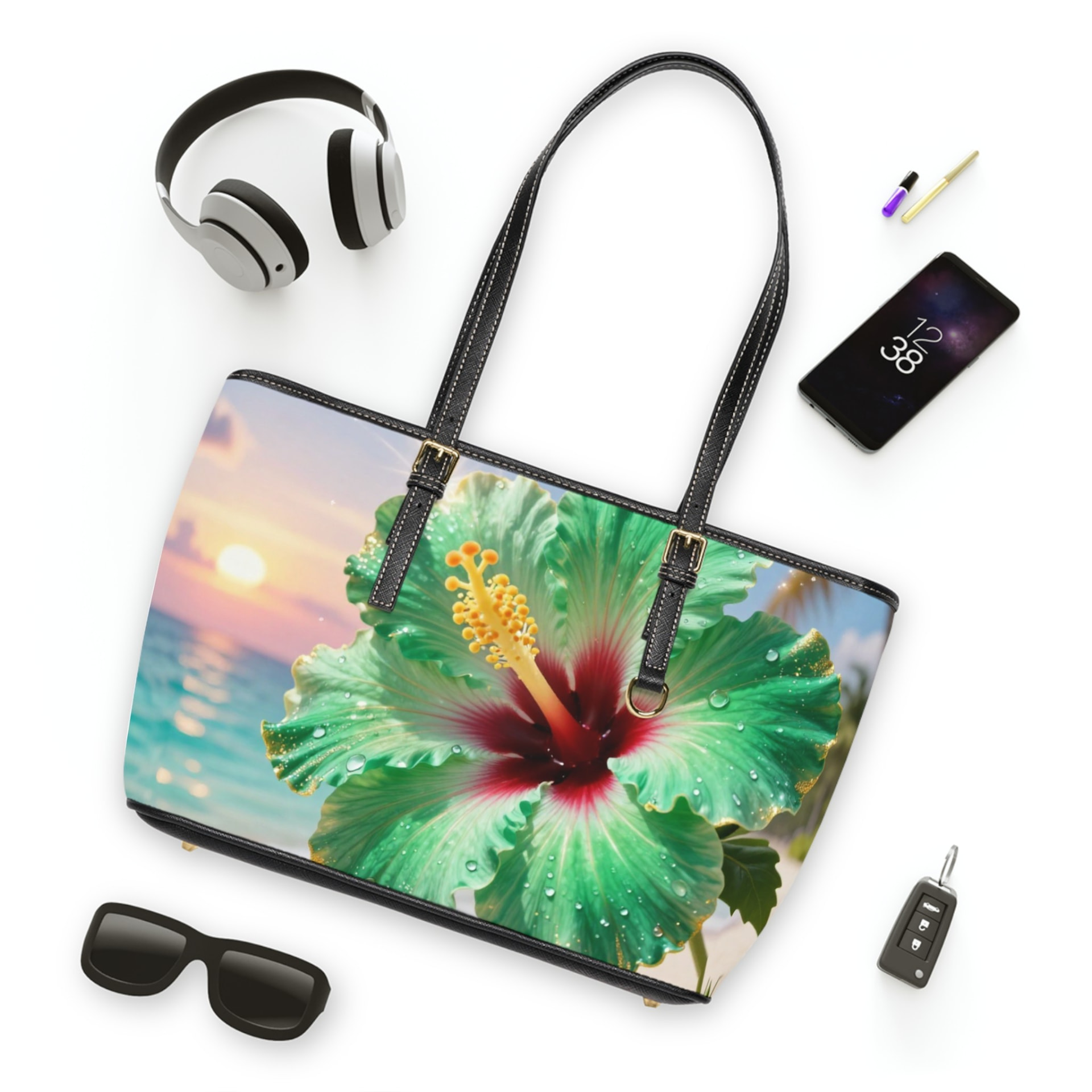 Green Hibiscus Vegan Leather Tote